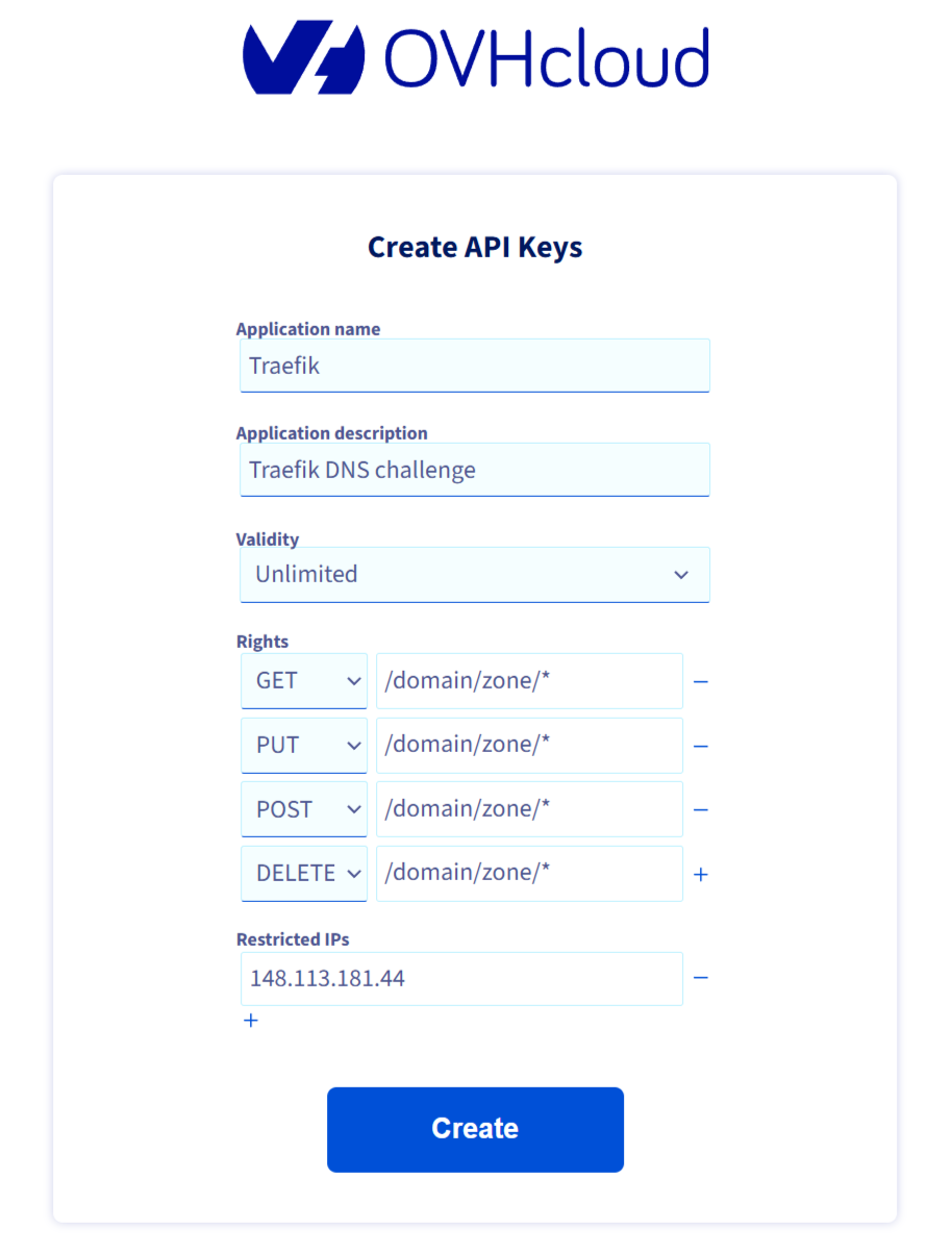 OVH API Keys Creation Page