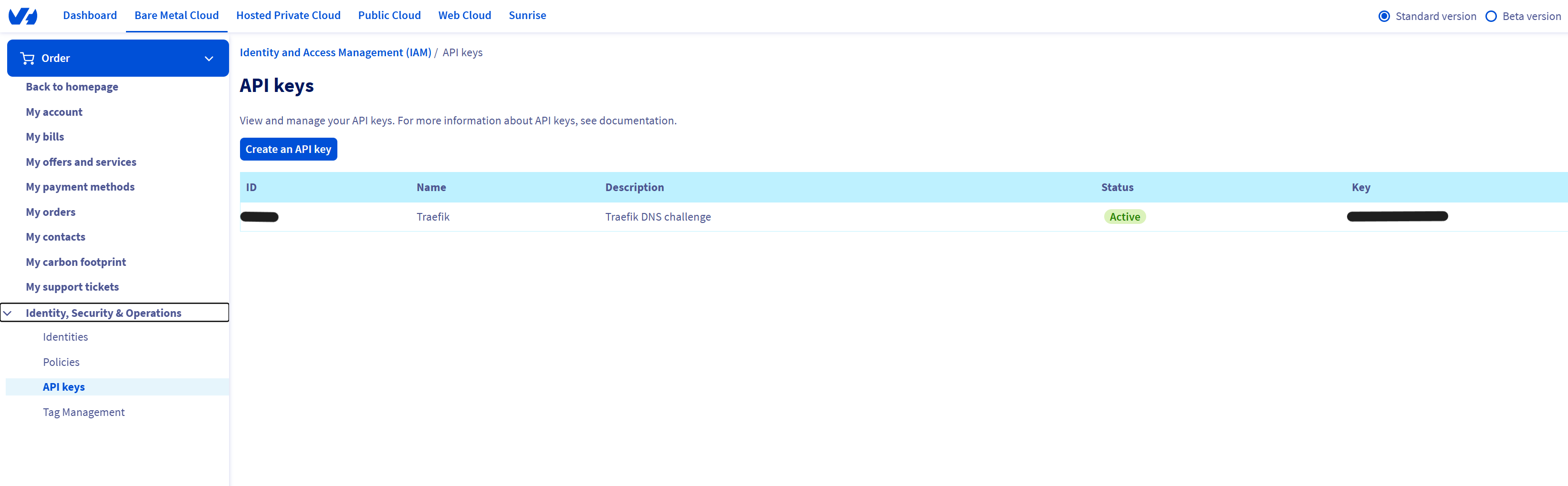 OVH API Keys Dashboard